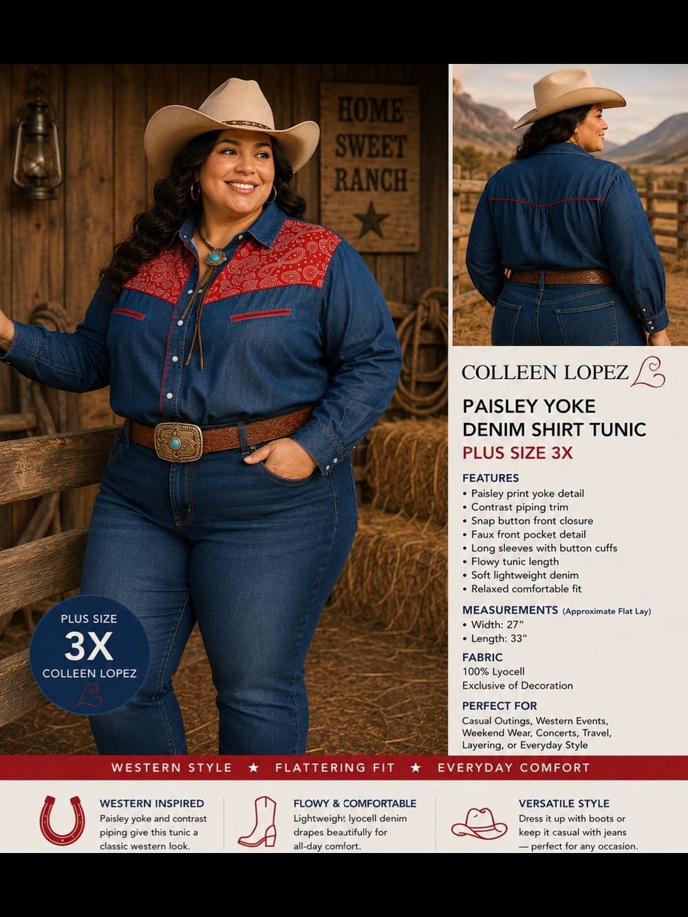 Sheryl Crow Western Denim Tunic Shirt Plus Size 3X Paisley Yoke Snap Front